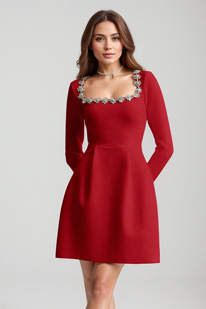 Elegant White Square Neck Long Sleeve Pearl Trim Slim Cocktail Dress