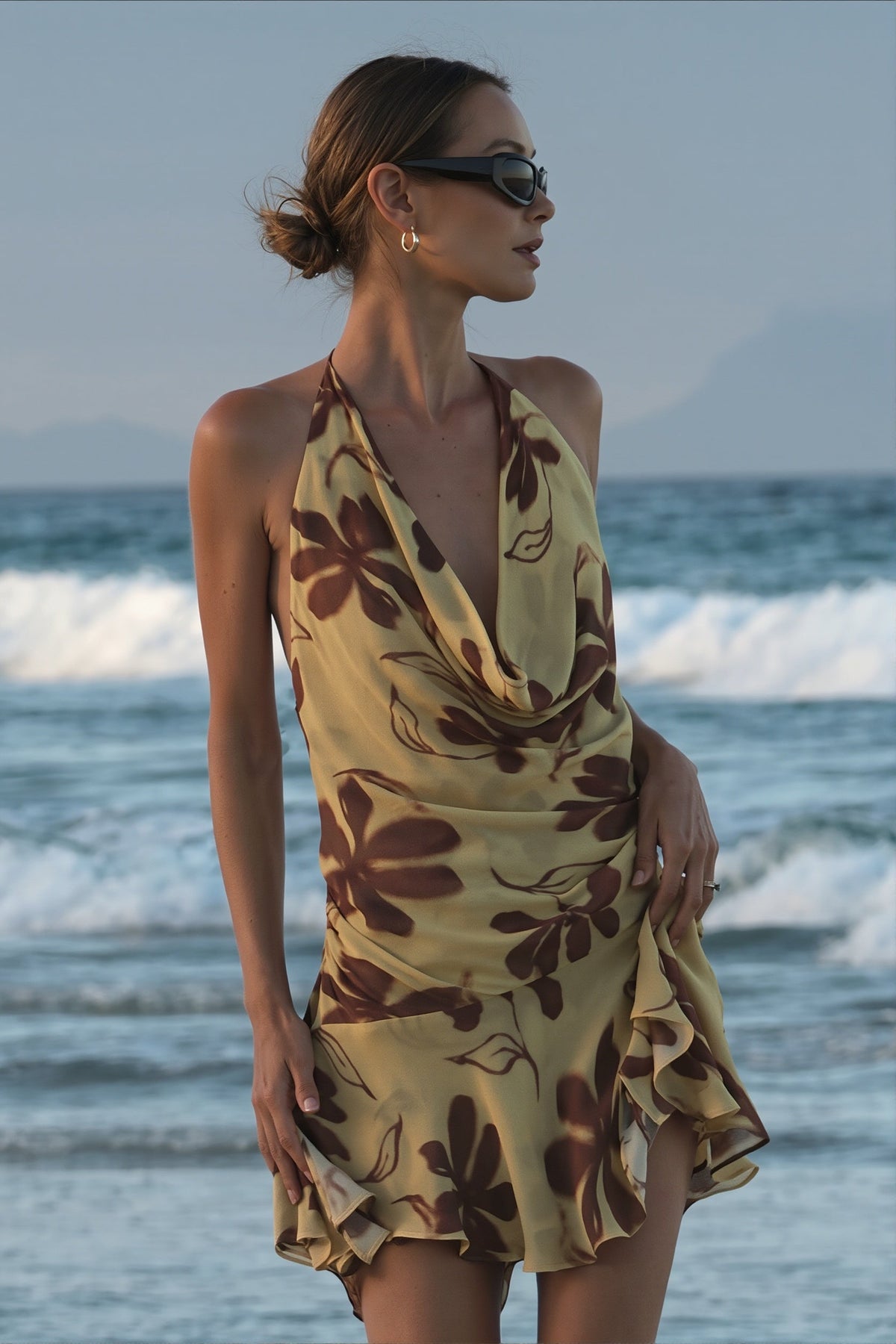 Floral Halter Cowl Neck Ruched Flare Mini Dress