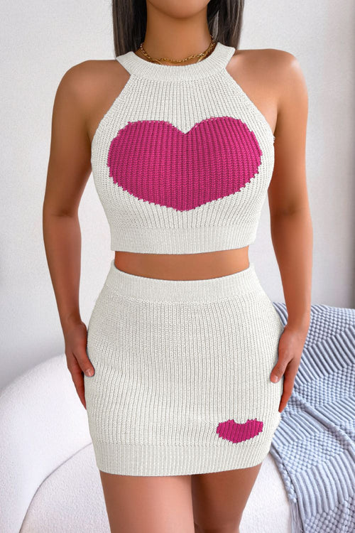 Heart Contrast Ribbed Sleeveless Knit Top and Skirt Set - Fashionpara
