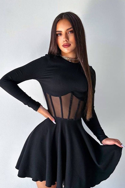 Ribbed High Neck Long Sleeve Mesh Corset Mini Dress 3