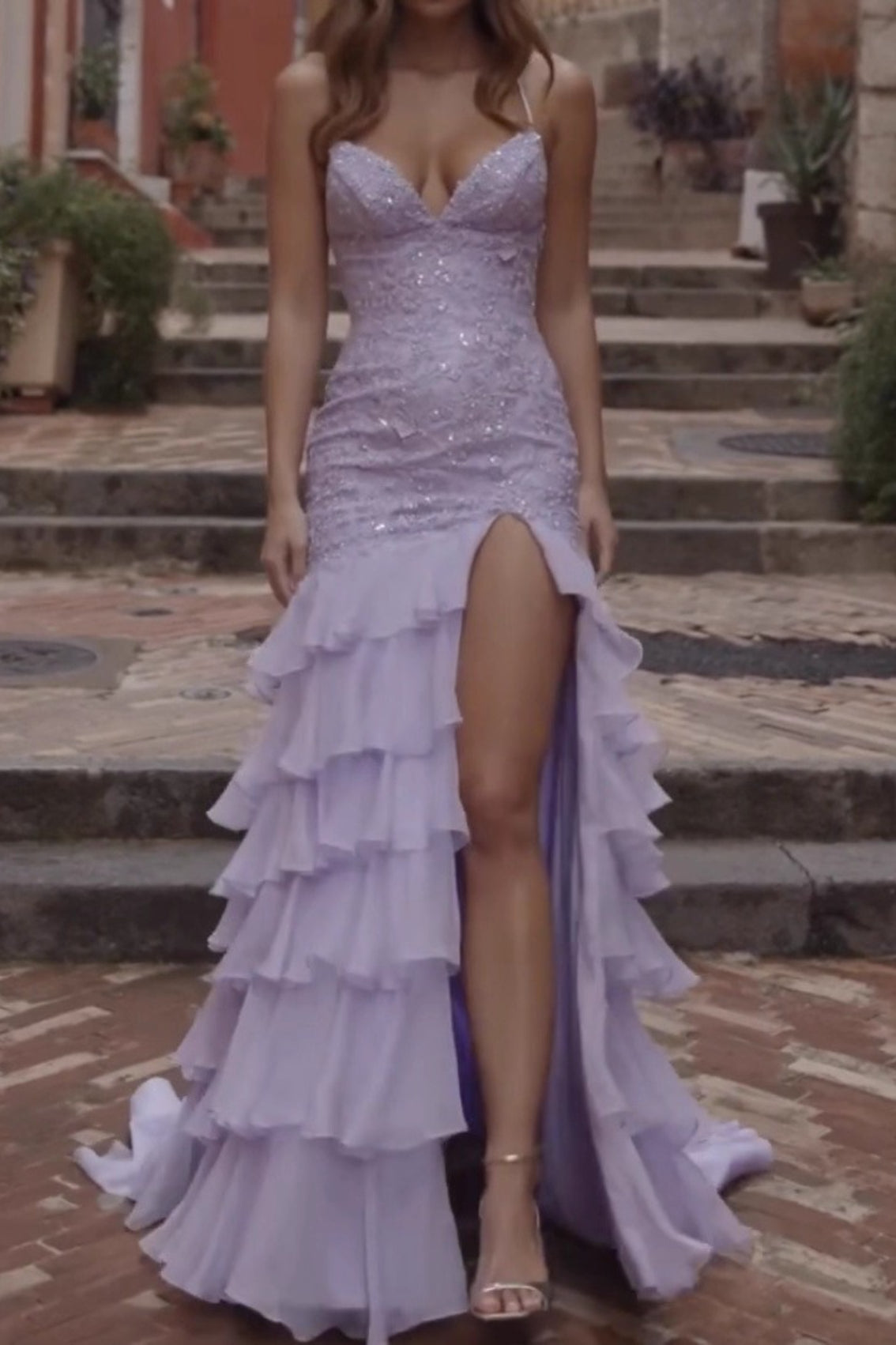Lace V-Neck High Split Tiered Ruffle Maxi Gown 2