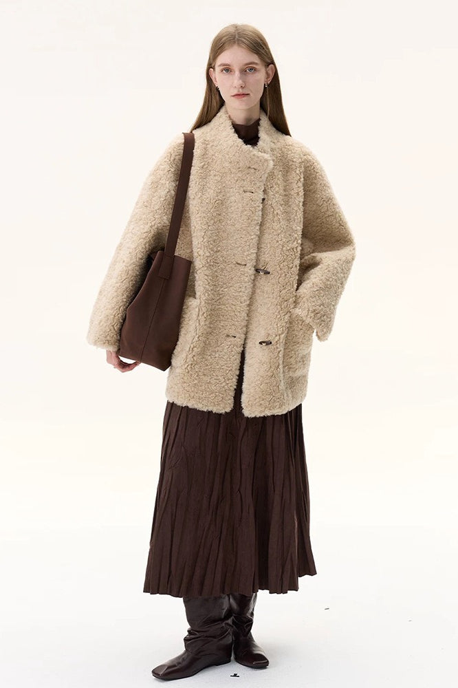Pure Wool Bouclé Horn Button Shearling Coat