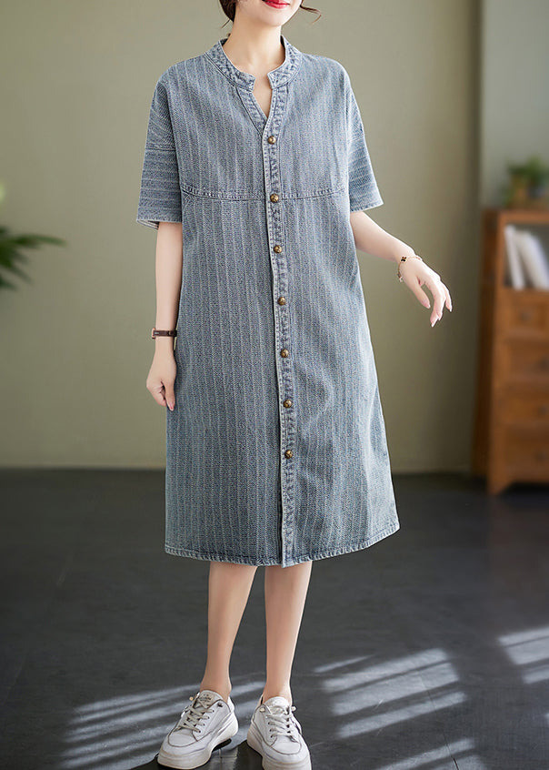 Striped Denim Mandarin Collar Button Down Short Sleeve Shirt Dress - View 3