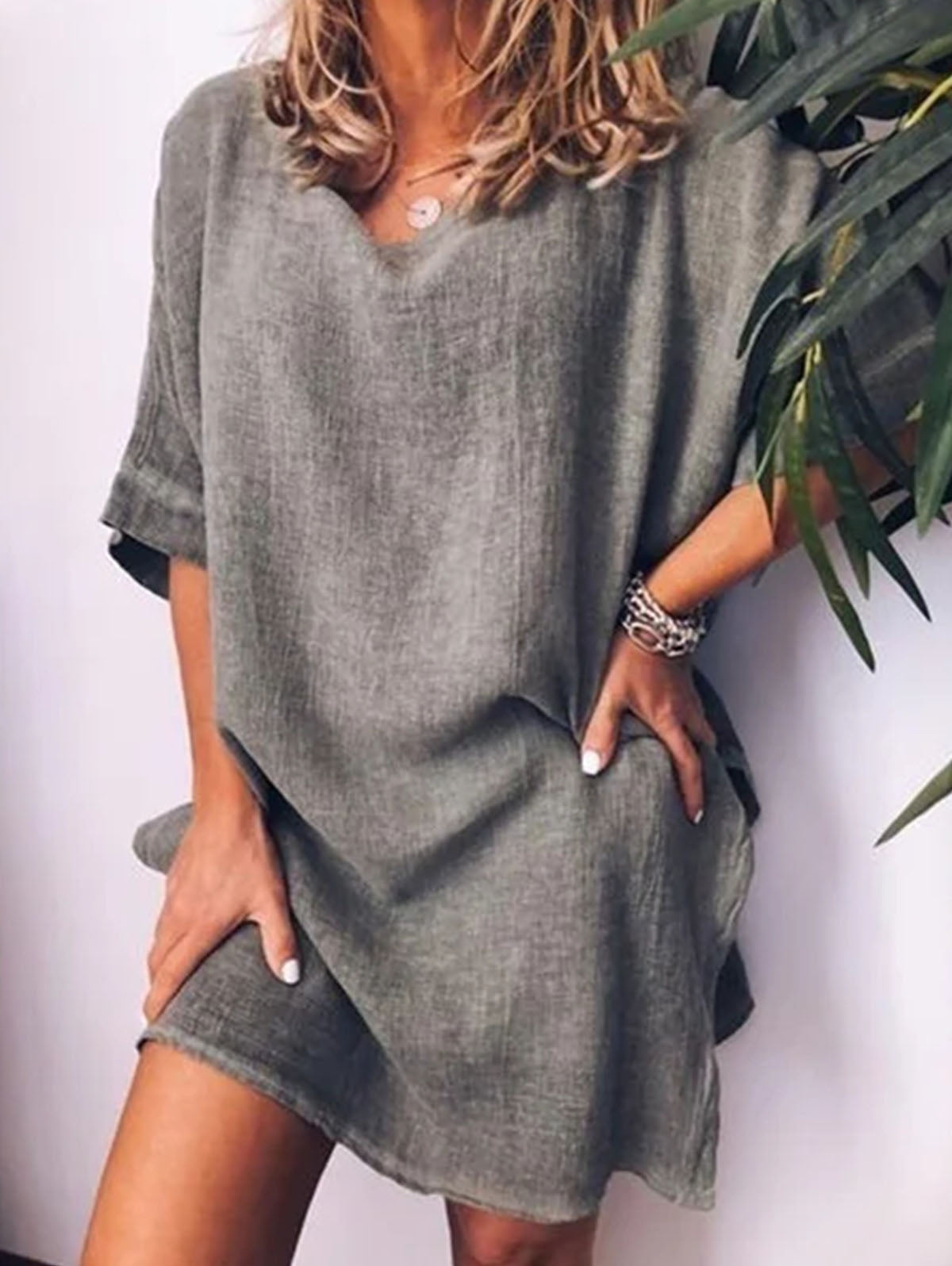 Linen Look Drop Shoulder Round Neck Pocket Relaxed Shift Mini Dress - View 6