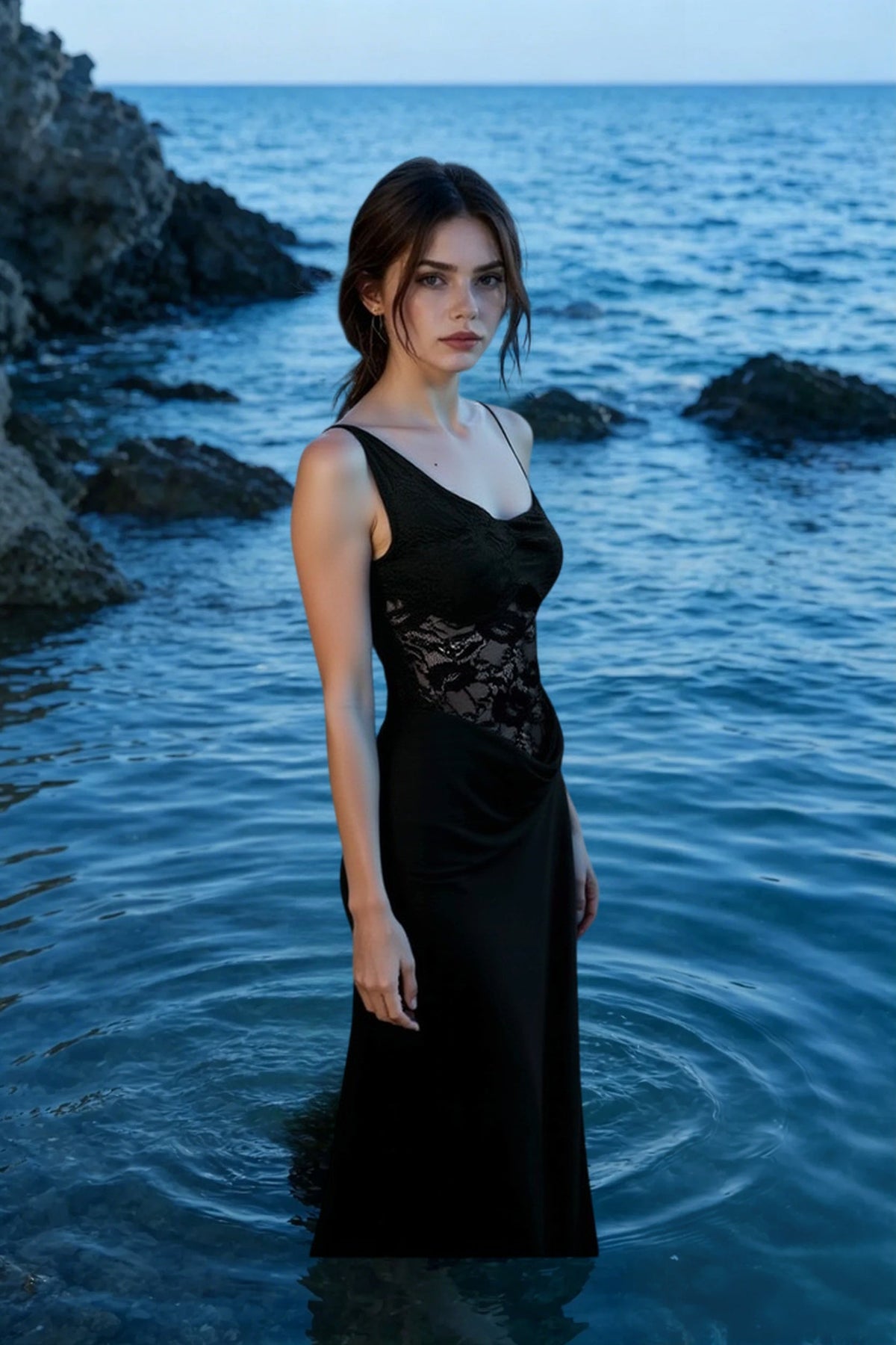 Satin Lace-Panel Square Neck Bias Slip Maxi Dress