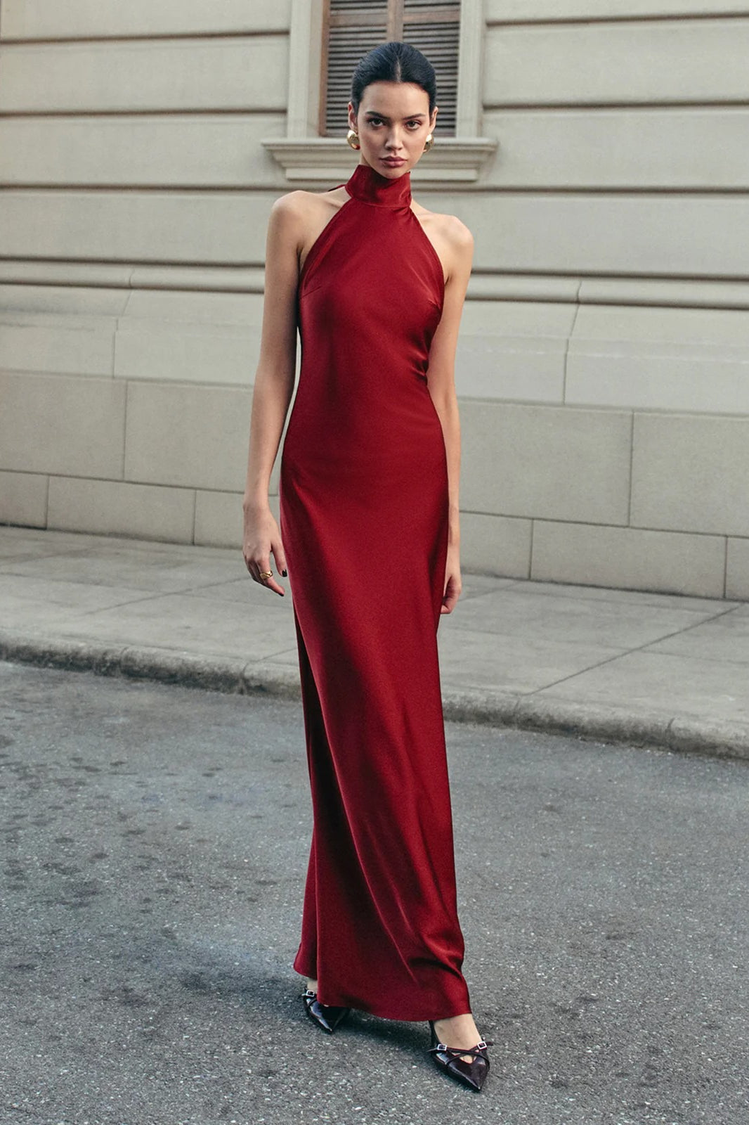 Satin Halter Neck Backless Bias Cut Maxi Gown