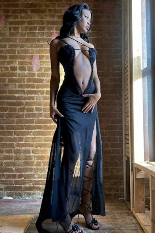 Plunge Strappy Cutout Ruched Maxi Dress