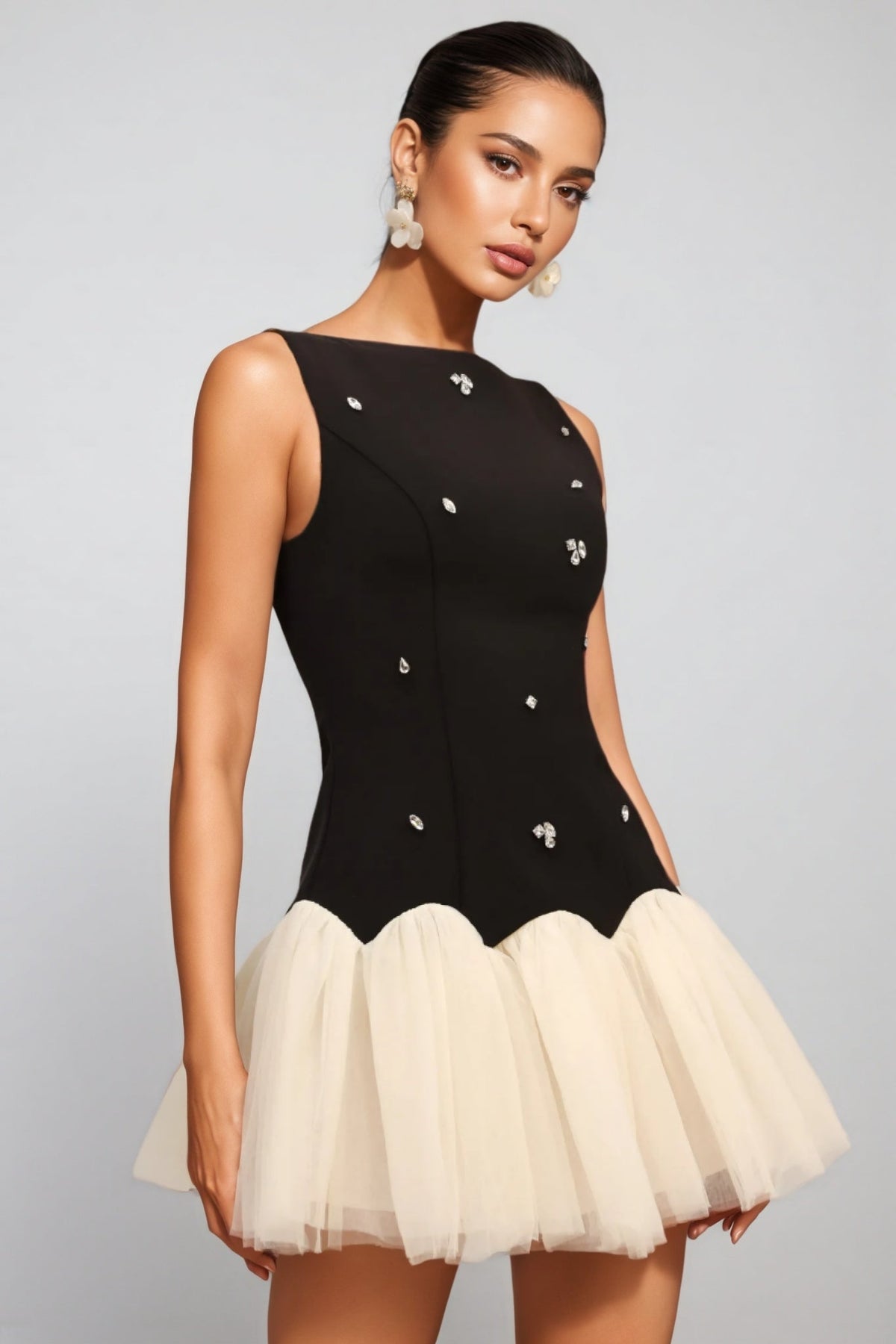 Rhinestone Boat Neck Scalloped Drop Waist Tulle Mini Dress - View 3