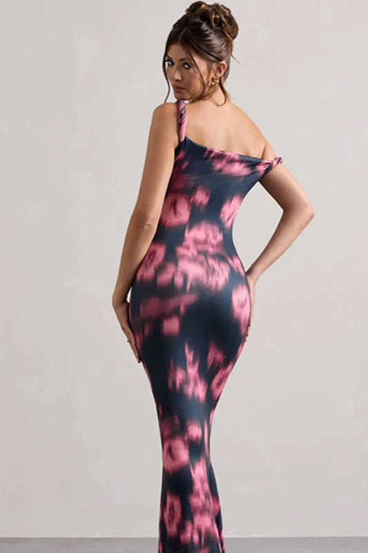Floral Print One Shoulder Knot Mermaid Maxi Dress