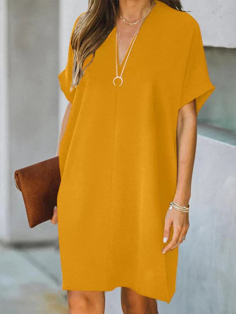 Deep V-Neck Dolman Short Sleeve Loose Shift Mini Dress - View 3