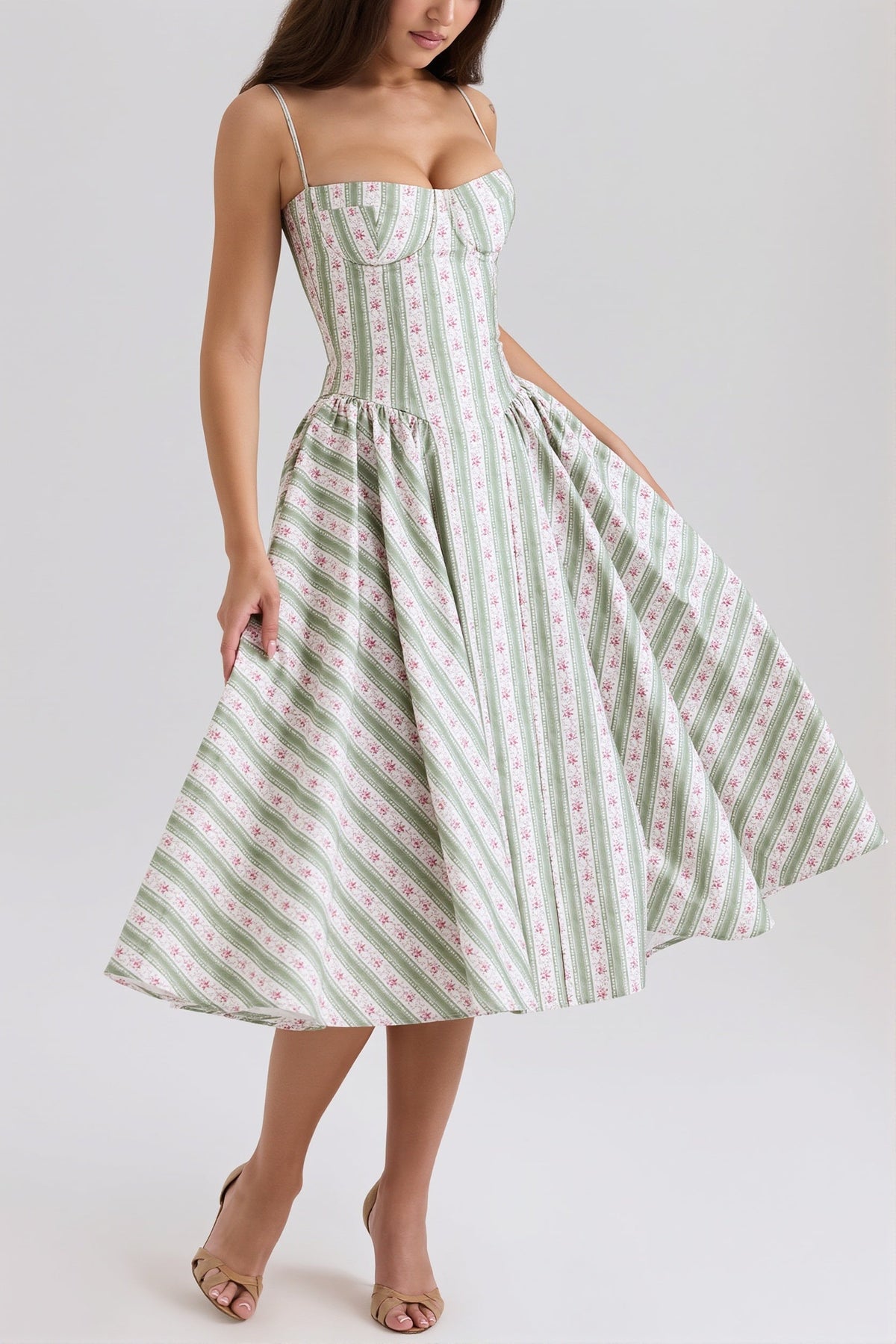 Floral Striped Corset Sweetheart A-Line Midi Dress