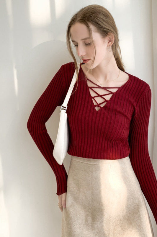 Slim Fit Lace Up V Neck Sweater