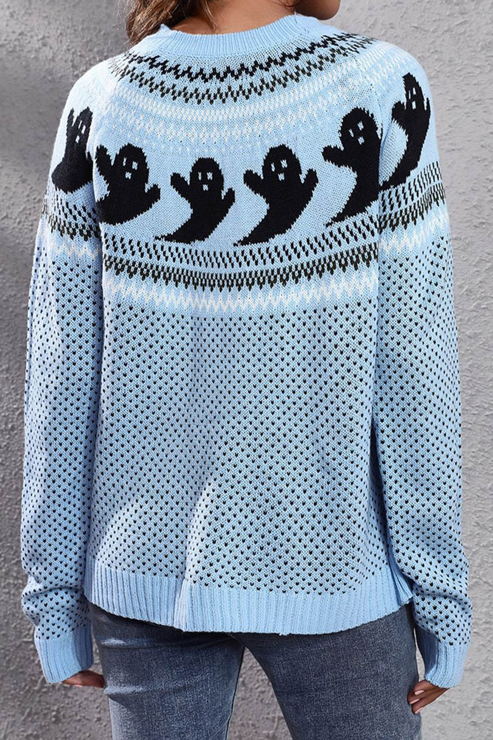 Halloween Ghost Retro Polka Dot Long Sleeve Knitted Sweater - Fashionpara