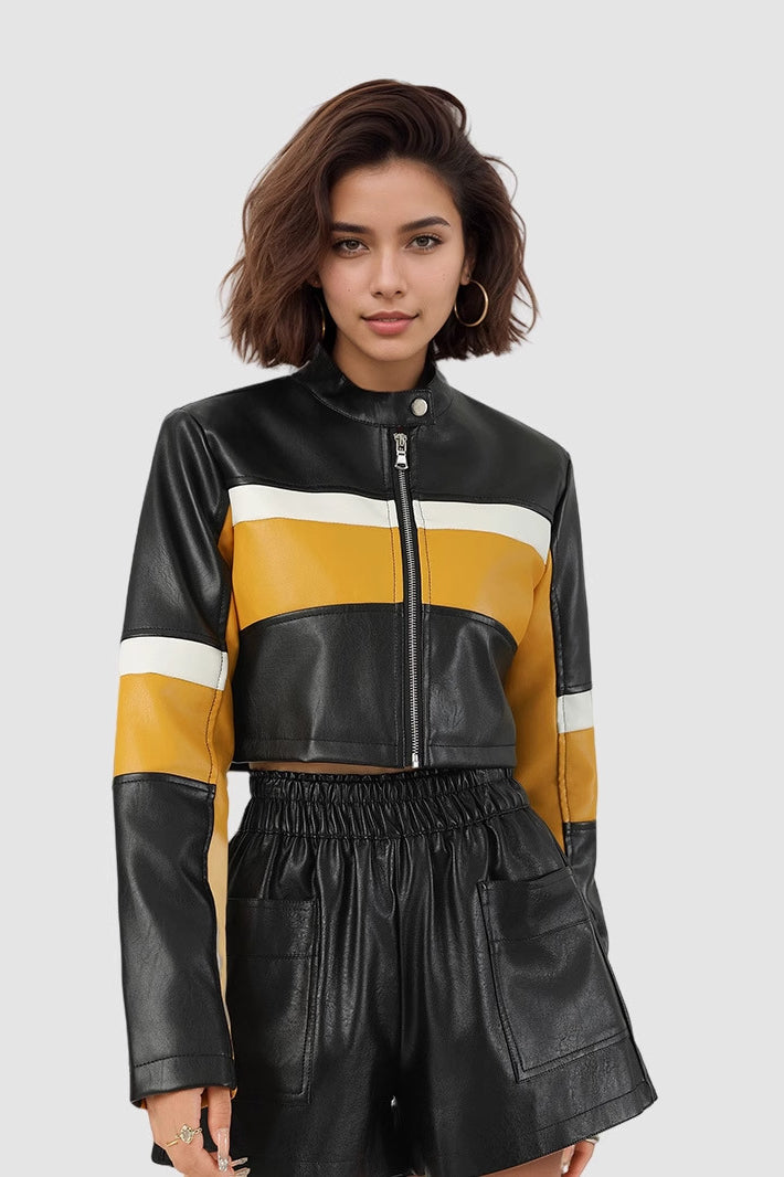 Color-Block PU Leather Biker Jacket 2