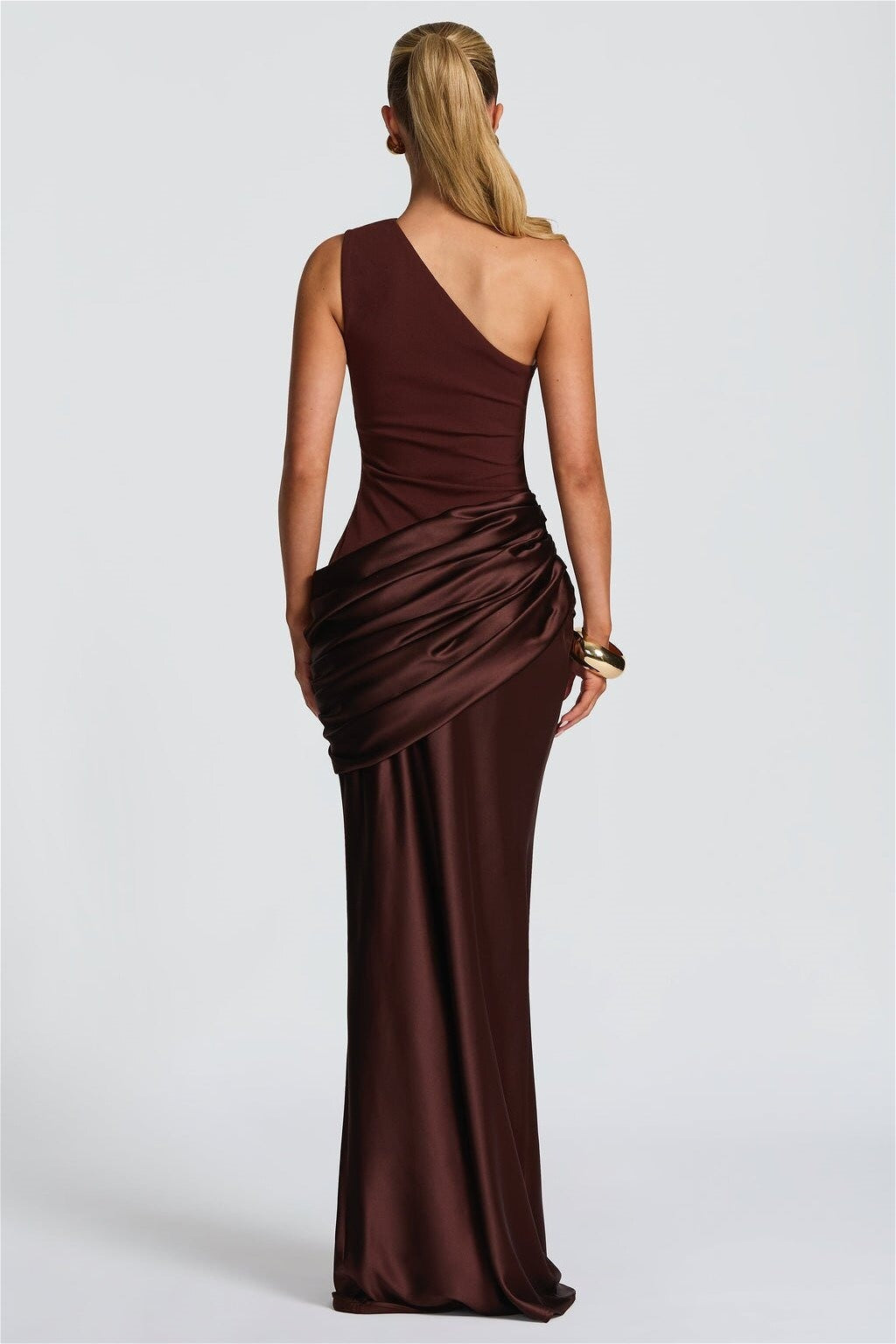 One Shoulder Draped Satin Fishtail Maxi Gown 3