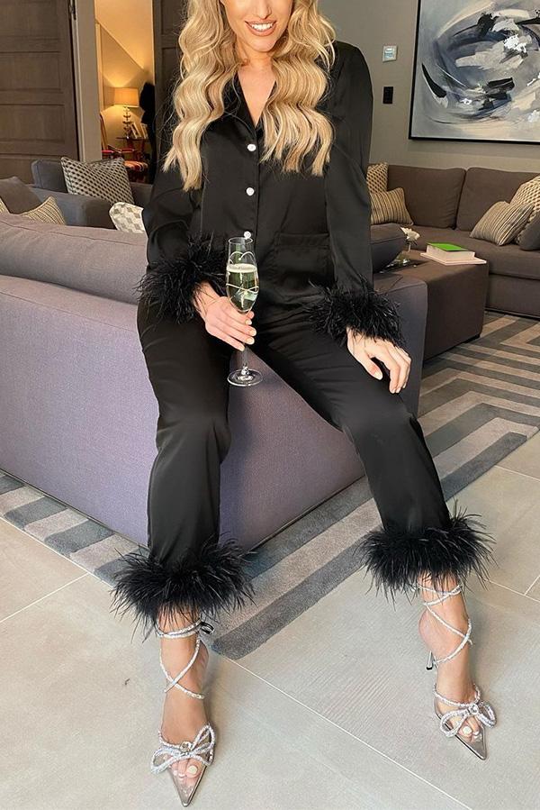 Solid Color Lapel Feather Trousers Two-piece Suit - Fashionpara