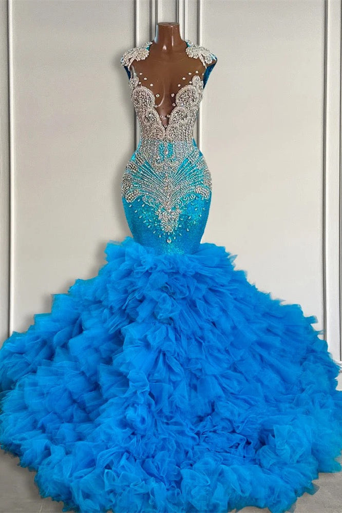 Elegant Ocean Blue Mermaid Tulle Ruffle Formal Dresses Long With Beads - Fashionpara