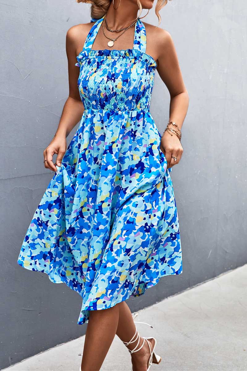 Women’s Print Casual Sleeveless Bohemia Beach Halter Dress Fashionpara