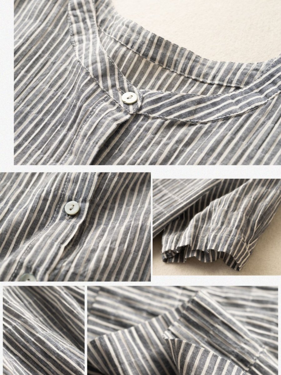 Pinstripe Print Round Neck Button Front Short Sleeve Midi Dress - View 4