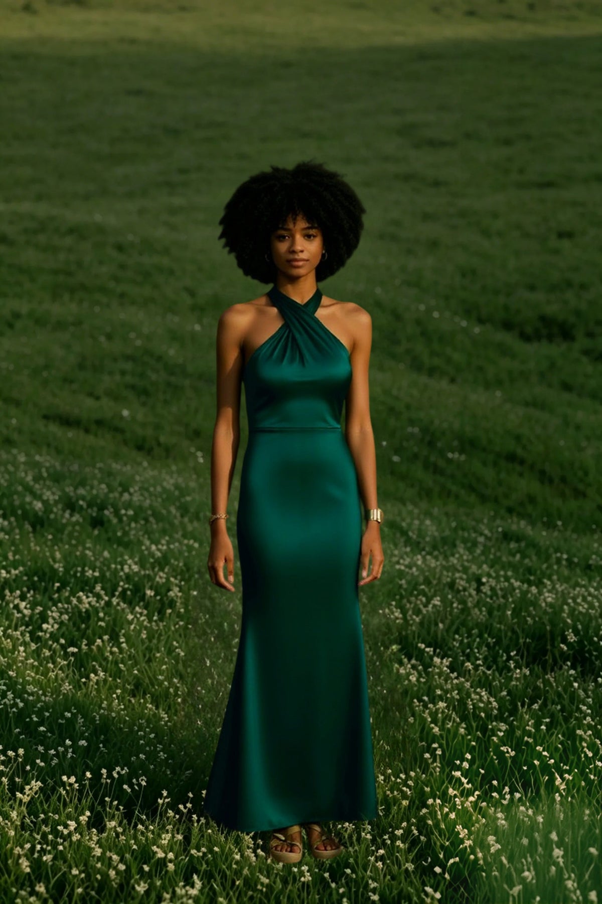 Crossover Halter Neck Sleeveless Satin Column Gown