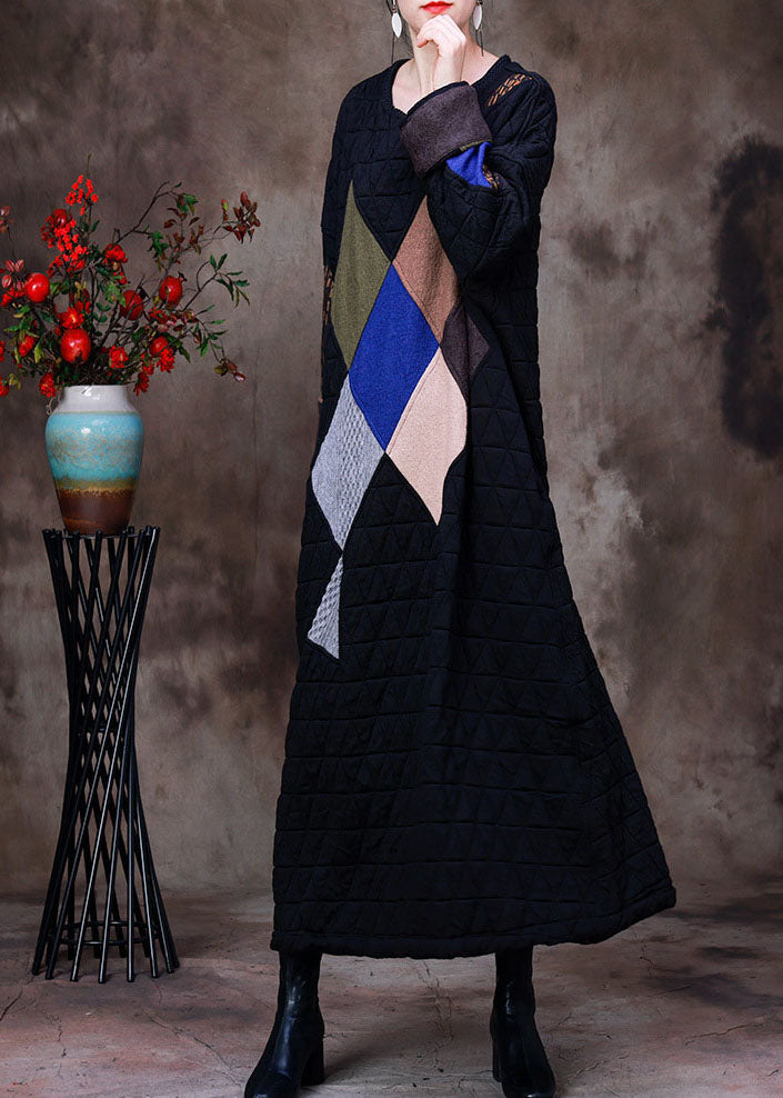 Quilted Geometric Patchwork Round Neck Long Sleeve Maxi Dress - View 3
