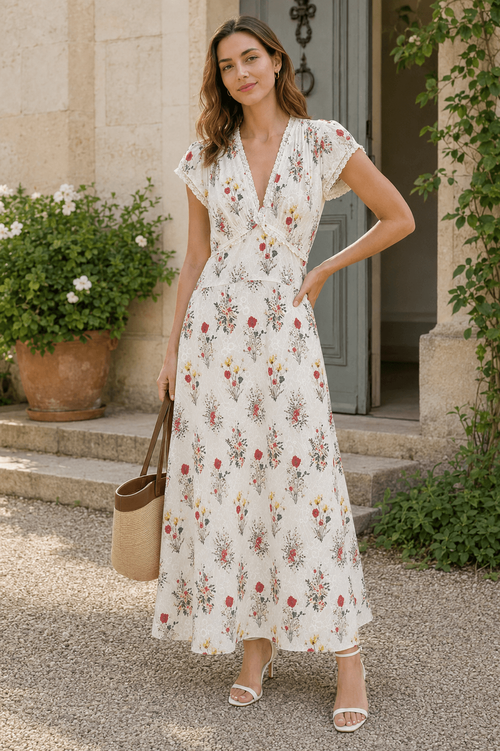 Floral Lace Trim V-Neck Flutter Sleeve Maxi Dress 4