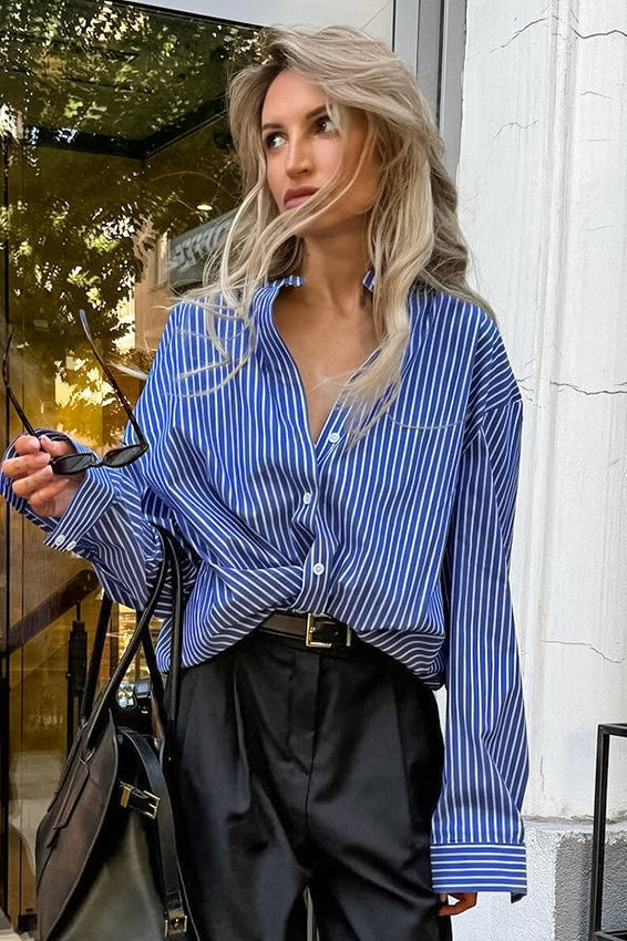 Striped Loose Button Up Blouse - Fashionpara