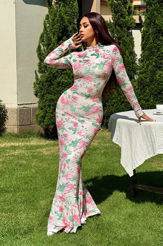 Floral Print High Neck Long Sleeve Mermaid Dress 3