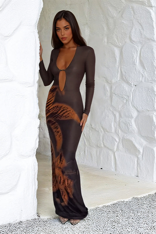 Deep V Cutout Print Long Sleeve Maxi Dress