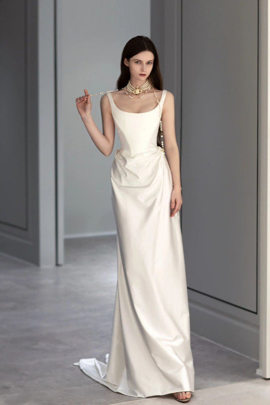 Satin Square-Neck Ruched Draped Column Maxi Gown