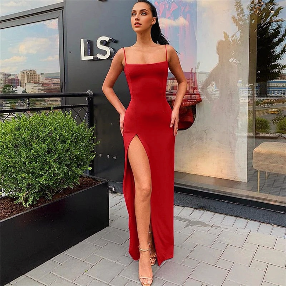 Satin Spaghetti Strap Backless High Slit Maxi Dress 2