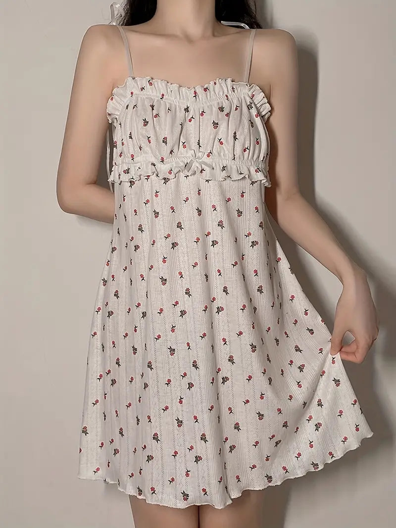 Floral Print Ruffle Trim Cami Mini Dress