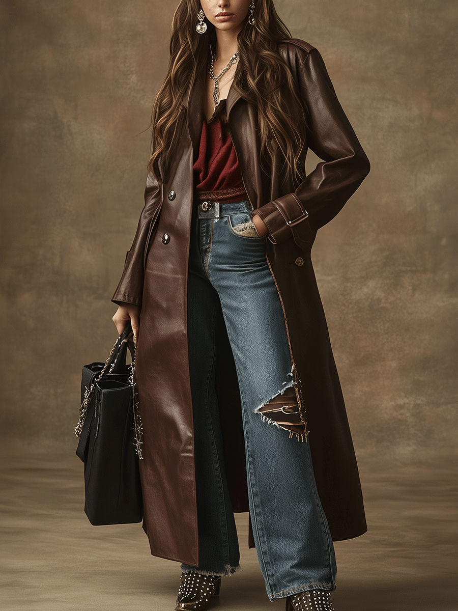 Vintage Western Chic Dark Brown Leather Trench Coat - Fashionpara