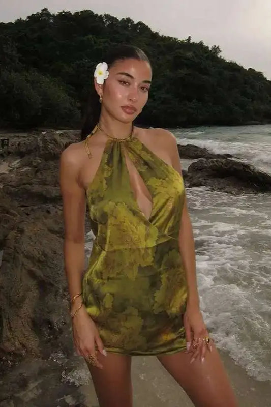 Satin Halter Neck Keyhole Cutout Bodycon Mini Dress