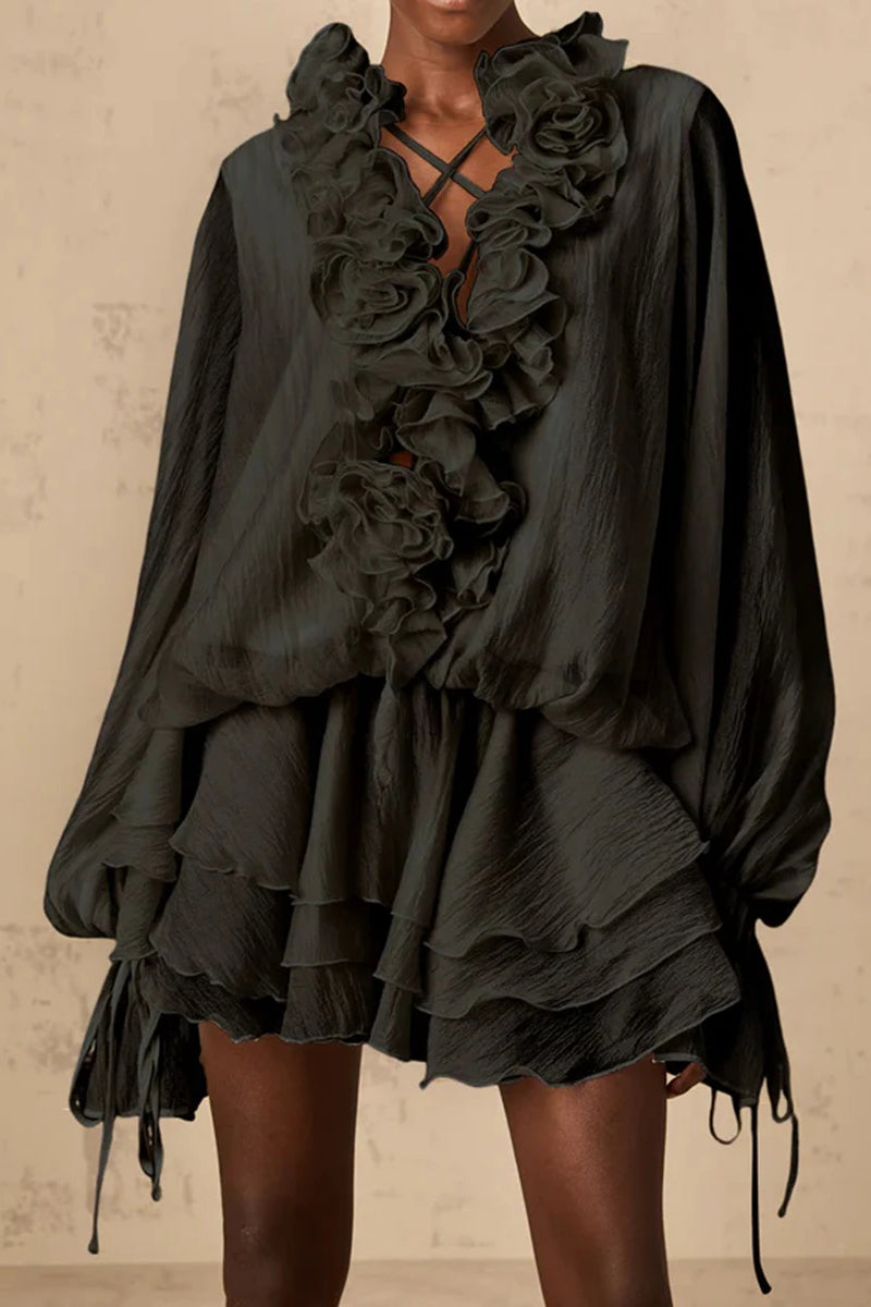 Floral Appliqué V-Neck Long Sleeve Tiered Mini Dress 20