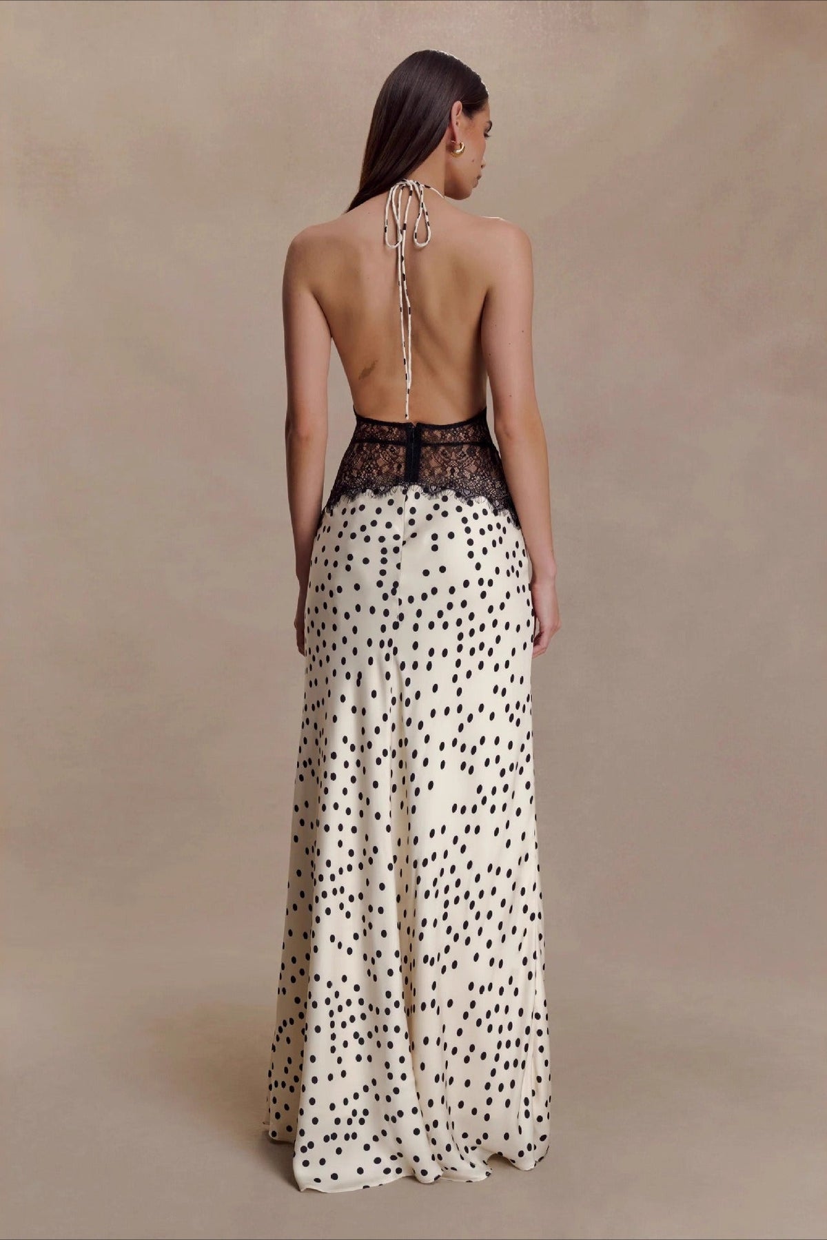 Polka Dot Satin Halter Neck Lace Waist Maxi Gown