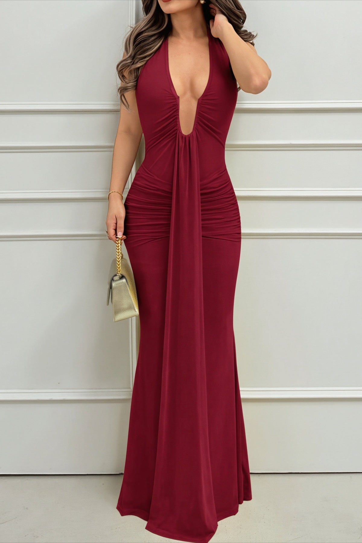 Deep V Halter Neck Draped Fishtail Maxi Gown 7