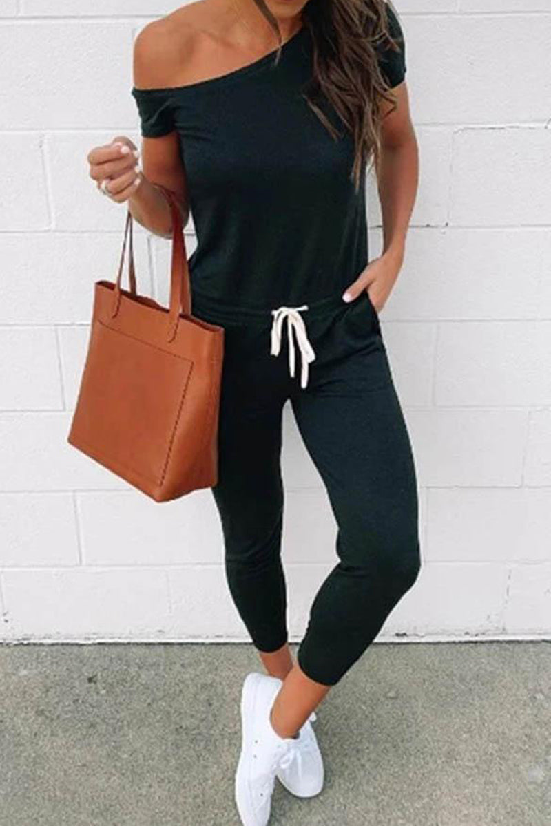 Short Sleeve Solid Color One Shoulder Casual Wear Jumpsuit - Fashionpara