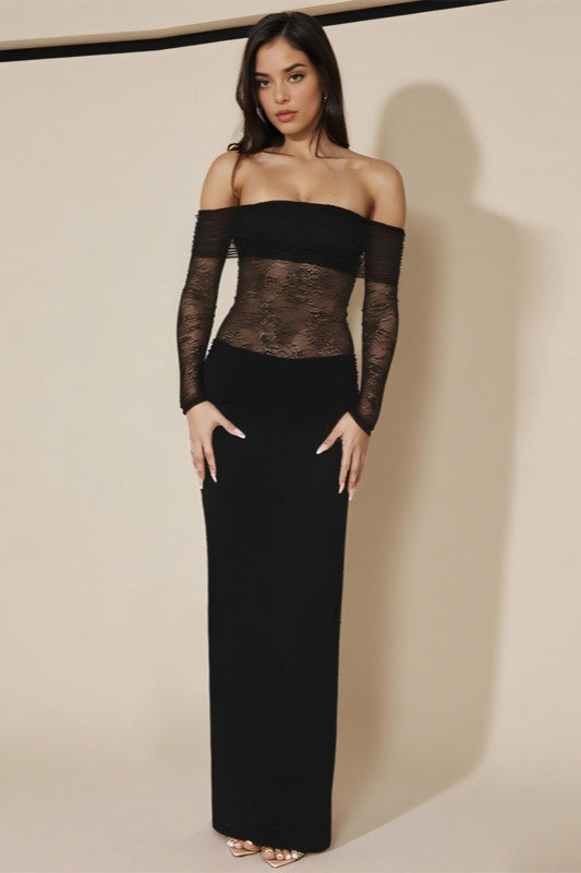 Off Shoulder Long Sleeve Lace Panel Bodycon Maxi Dress