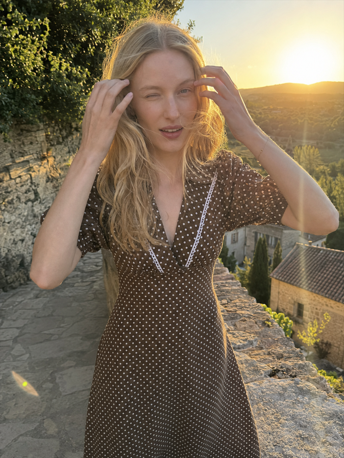 Polka Dot V-Neck Puff Sleeve Midi Dress