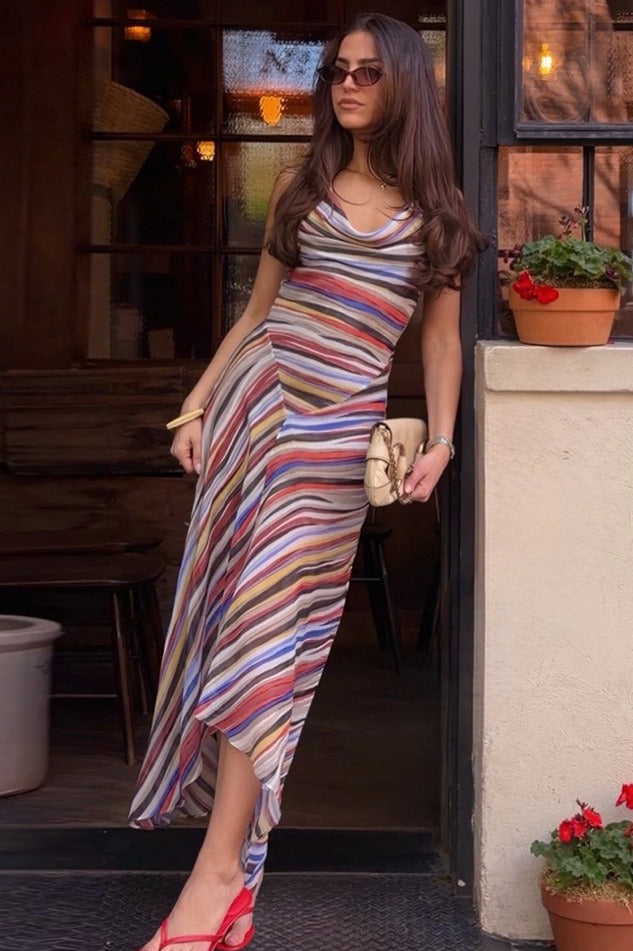 Striped Cowl Neck Asymmetric Slip Midi Dress