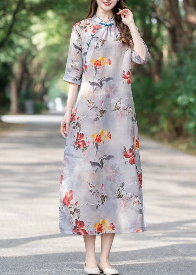 Mandarin Collar Frog Button Floral Print Cheongsam Midi Dress - View 3