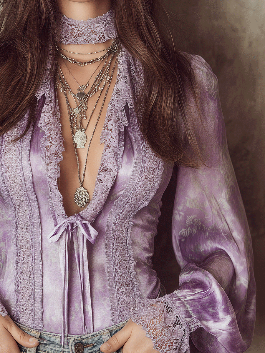 Romantic Boho Satin Tie-Front Bell-Sleeve Blouse