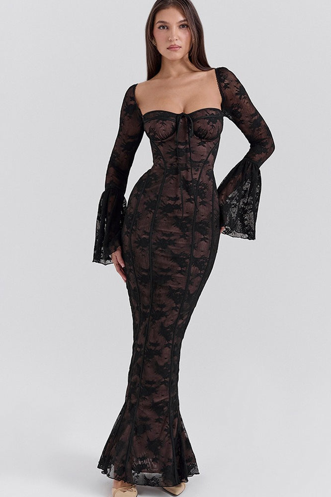 Lace Sweetheart Bell Sleeve Corset Fishtail Maxi Dress