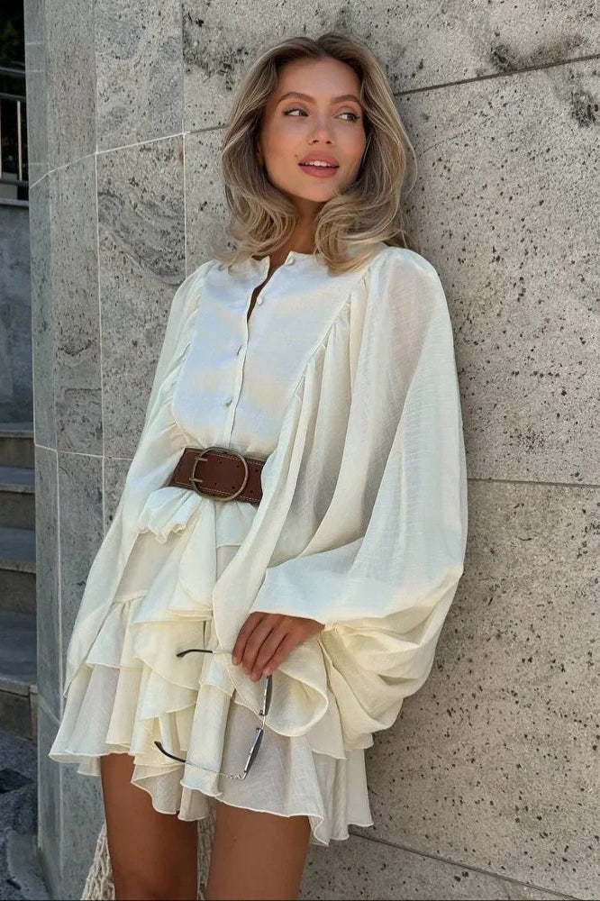 Linen Round Neck Puff Sleeve Ruffle Tiered Mini Dress