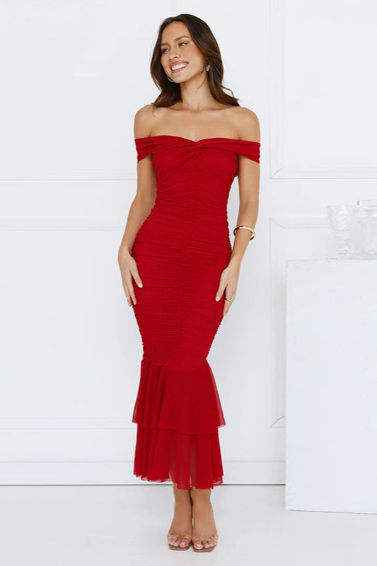 Ruched Double Layer Fishtail Maxi Dress