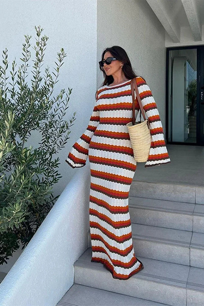 Striped Crochet Knit Long Sleeve Maxi Dress