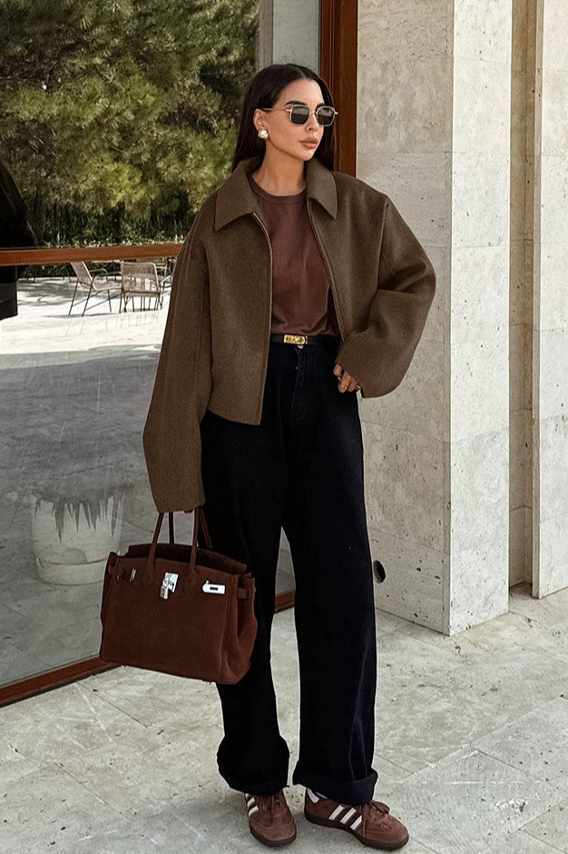 Collared Zip Wool Blend Jacket