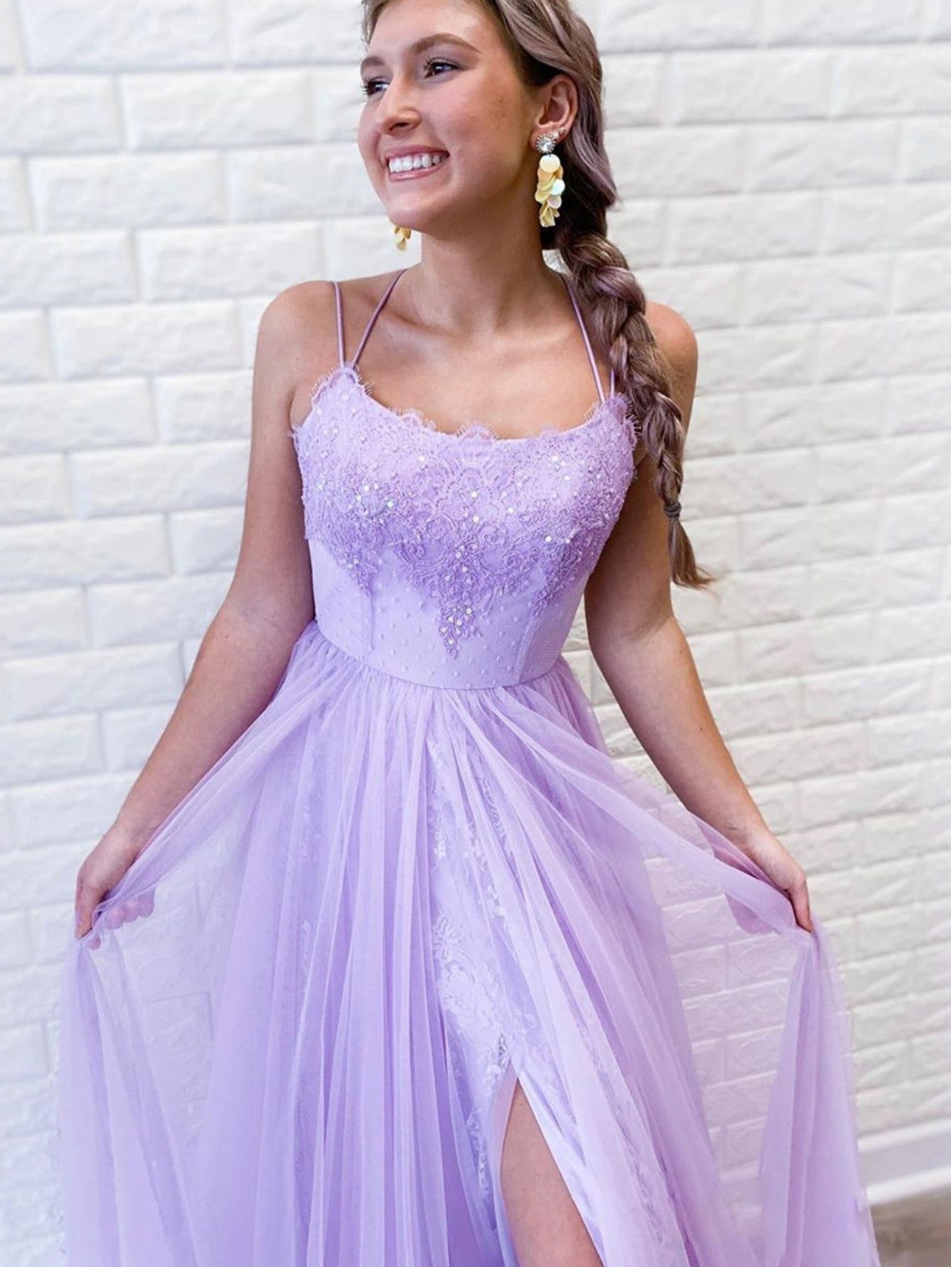 A Line Purple Backless Tulle Long Prom Dress - Fashionpara