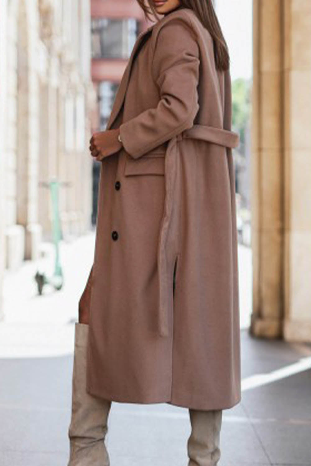 Simple Long Sleeve Suit Collar Lace Up Woolen Coat - Fashionpara